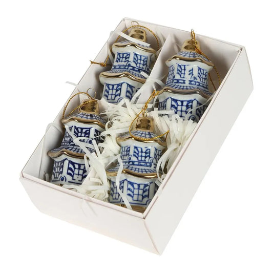 Chinoiserie Pagoda Hanging Christmas Ornaments Box of 4