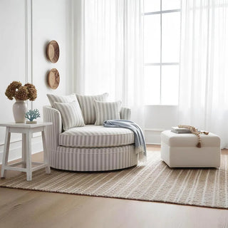 Noosa Hamptons Snuggle Chair Natural Stripe with White piping ETA 14/03/2026