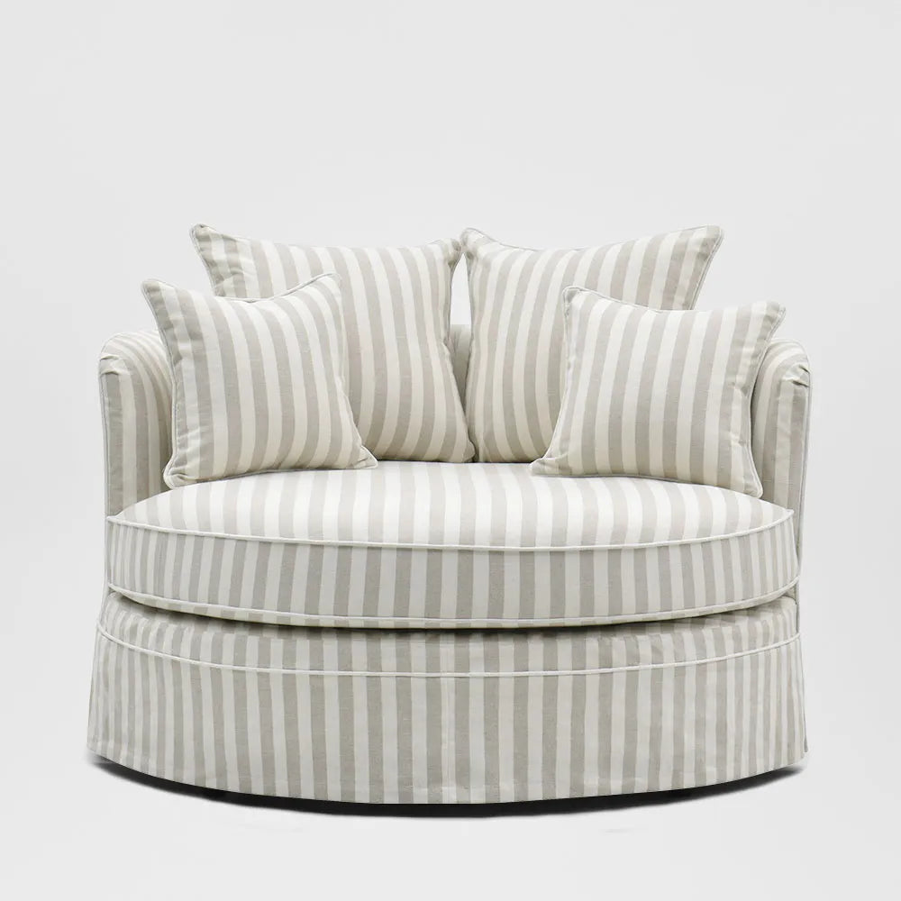 Noosa Hamptons Snuggle Chair Natural Stripe with White piping ETA 30/01/2026