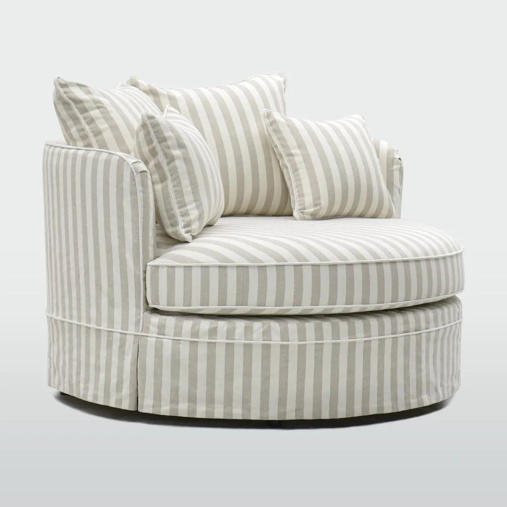 Noosa Hamptons Snuggle Chair Natural Stripe with White piping ETA 30/01/2026