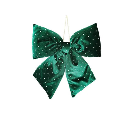 Set of 2 Christmas Hanging Bow W/Dots Velvet 30x34cm Green